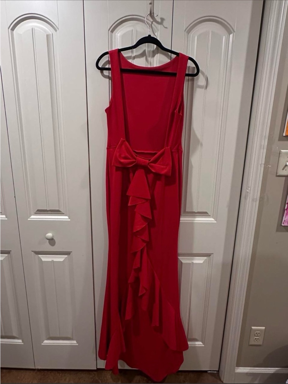 B Darlin Red Backless Ruffle-Trim Evening Gown with Bow